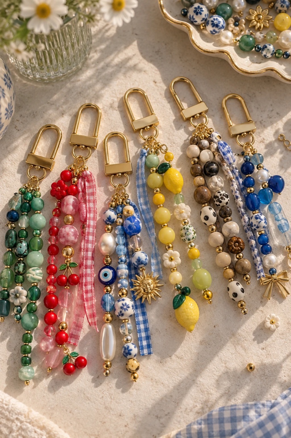 Beaded bag charms with gold clasps, ribbons and charms