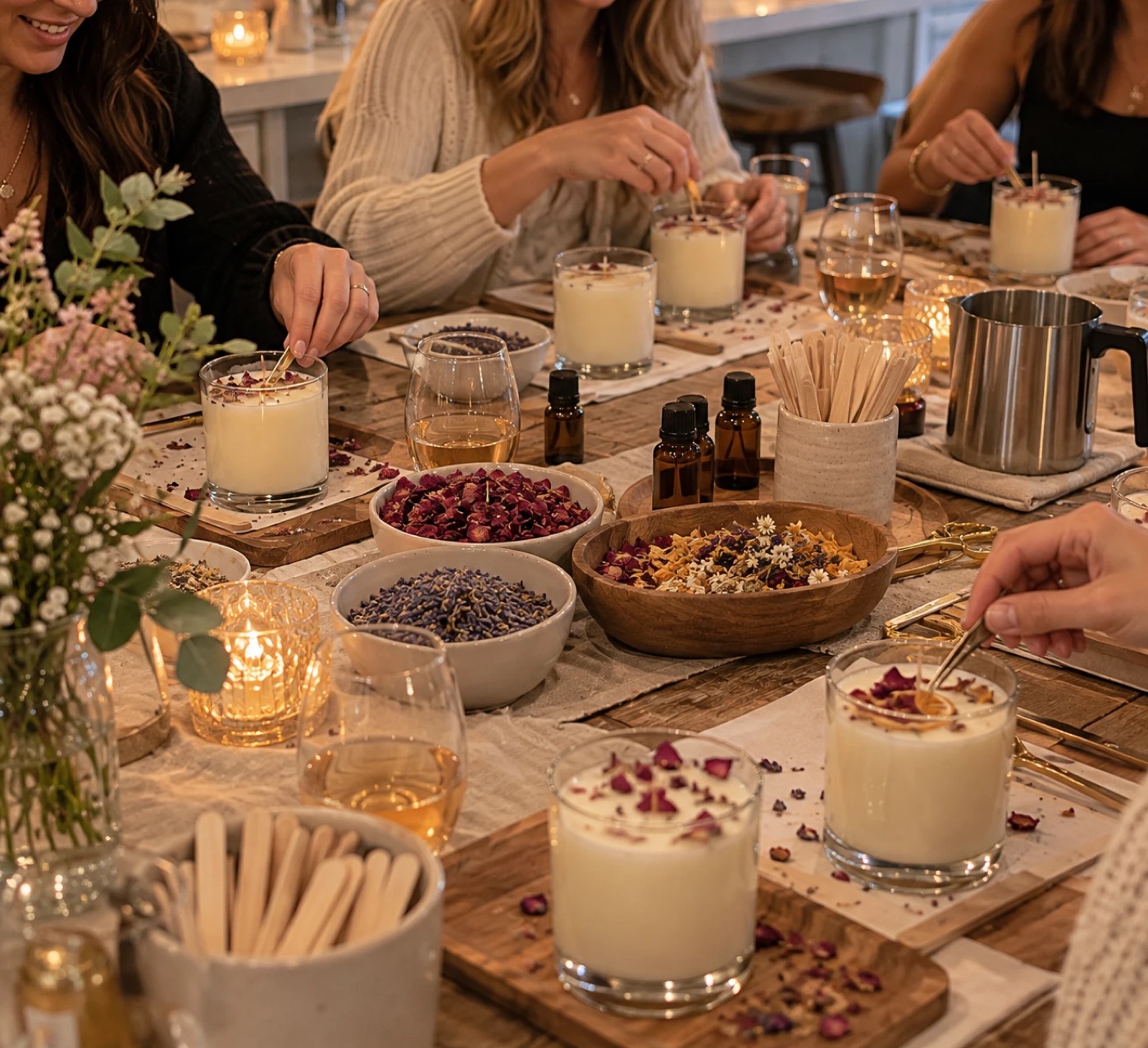 Friends pouring soy candles and topping them with dried roses and lavender