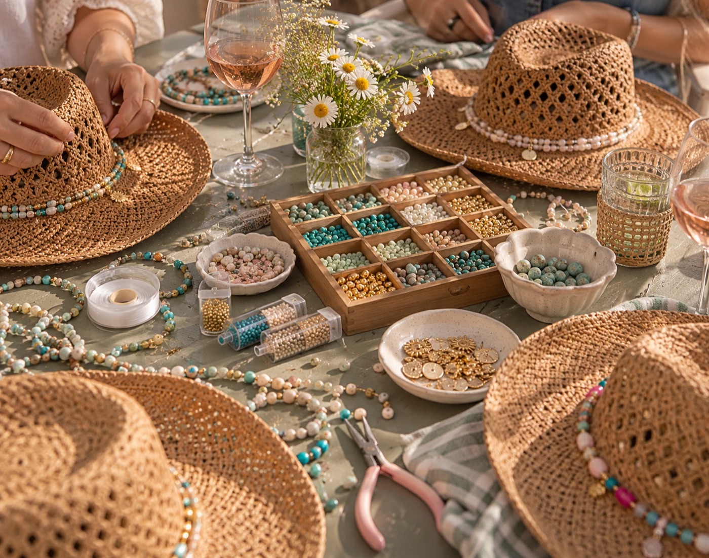 Friends beading bands for straw hats around a table with bead trays, daisies and rosé