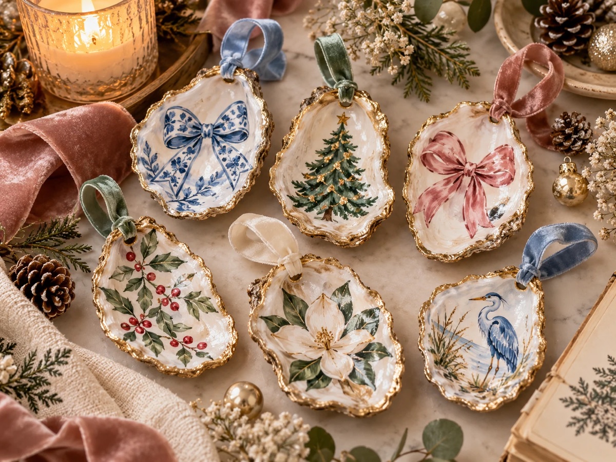 Gold-rimmed oyster shell ornaments painted with bows, a tree, holly, a magnolia and a heron, hung on velvet ribbon