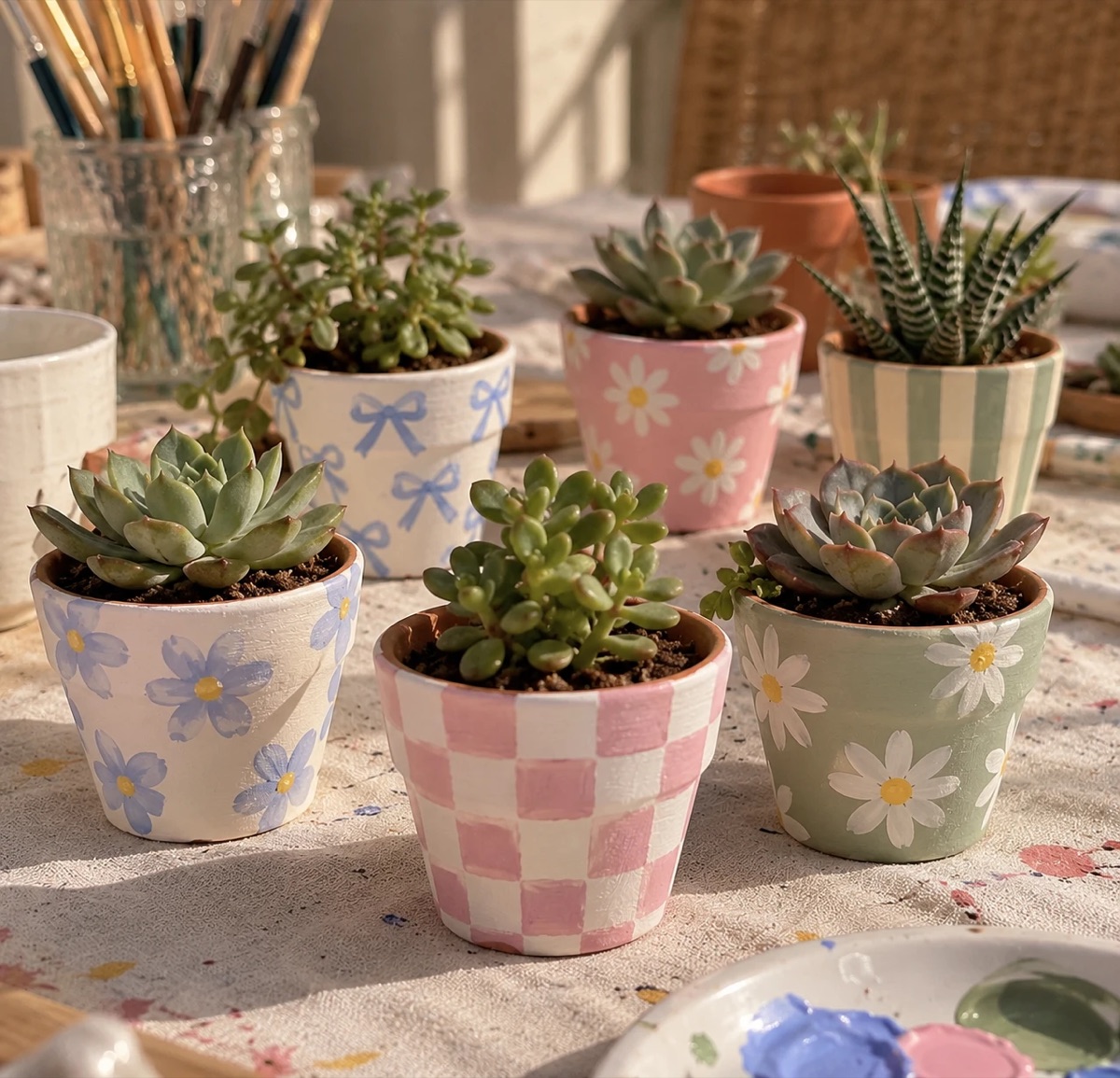 Mini terracotta pots painted with daisies, bows, gingham and stripes, planted with succulents