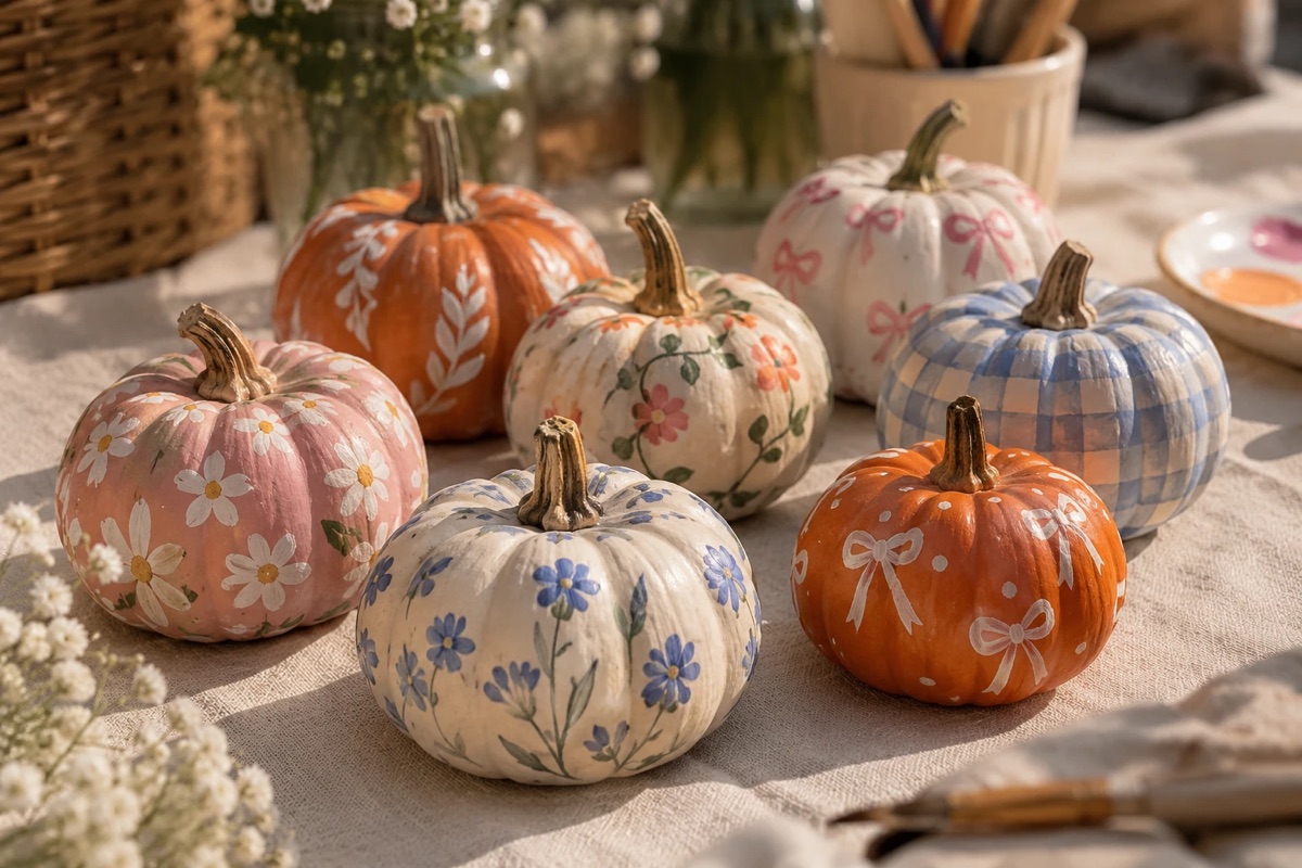 Mini pumpkins painted with daisies, florals, gingham and bows