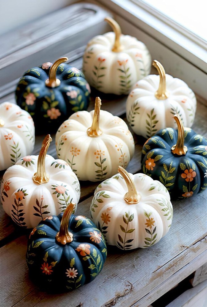 White and navy painted mini pumpkins with gold stems