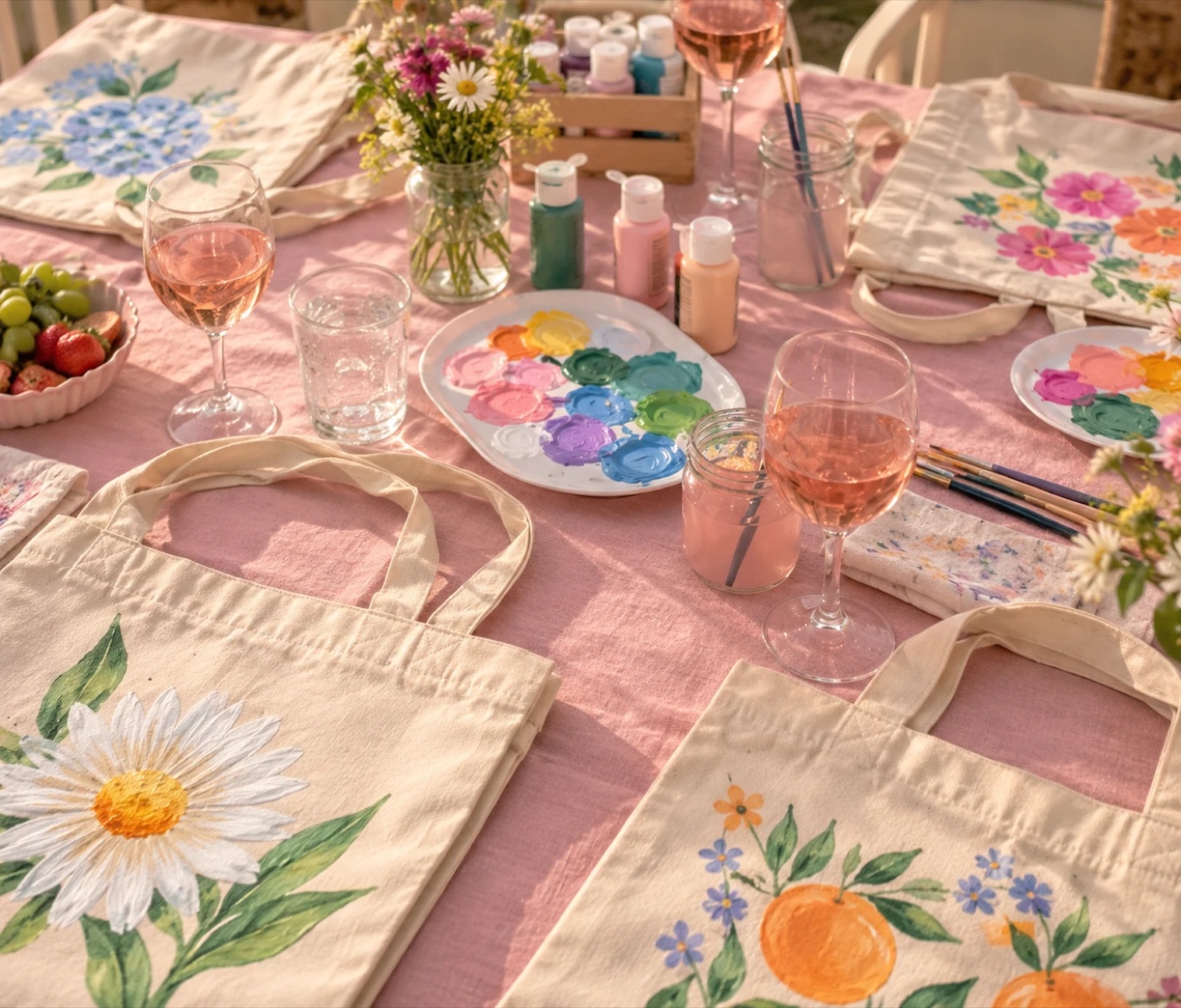 Friends' table set with painted tote bags, paint palettes, flowers and rosé