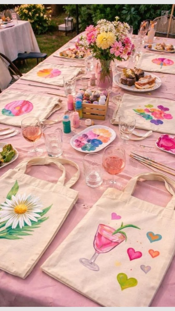 A table set with painted tote bags, flowers and paint palettes