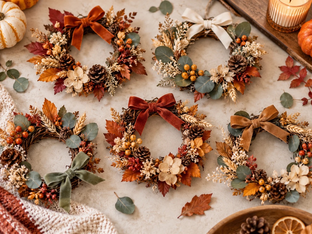 Mini fall wreaths with dried leaves, pinecones and velvet bows